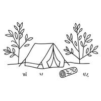 Under tree branches, a tent is pitched near a log vector