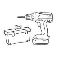 A power drill on a workshop table beside a toolbox vector