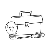 A toolbox placed beside a light bulb and screwdriver vector