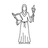 A cloaked figure lifting a torch while flipping through a thick book vector