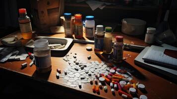 disarray pills on table photo