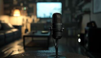 A microphone is sitting on a table in front of a living room photo