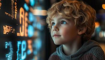 A young boy looking at a computer screen photo