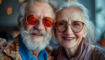 An older couple with glasses on smiling photo