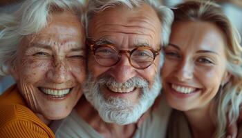 Three smiling older people with glasses photo