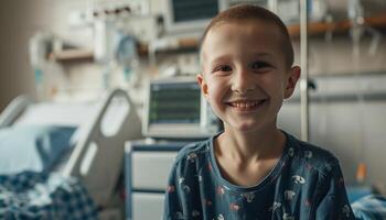 A boy smiles in a hospital room photo