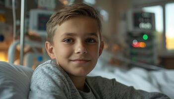 A young boy is sitting in a hospital bed photo