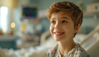 A young boy smiles while sitting in a hospital bed photo