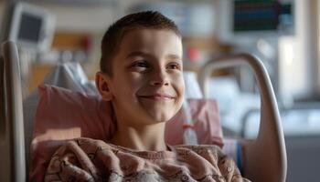 A young boy is smiling in a hospital bed photo