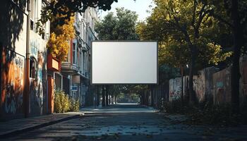 An empty street with a billboard in the middle photo