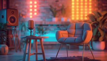 A chair and microphone in front of a wall with neon lights photo