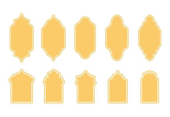Islamic golden frame, shape, design template, flat element. Collection of oriental style arab windows and arches, antique luxury decor set