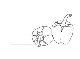 Paprika in continuous line drawing style. Two bell peppers sketch in black linear sketch isolated on white background. vector