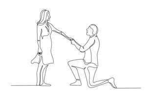 Marriage proposal in continuous line drawing style. Sketch of romantic couple in minimalist black lines isolated on white background. vector