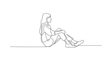 Depressed girl sitting on the floor in continuous line drawing style. Minimalist black linear sketch of depressed expression, stress, headache isolated on white background. vector
