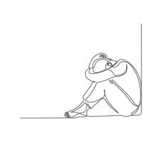 Depressed man sitting on the floor in continuous line drawing style. Minimalist black linear sketch of expression of man holding his head, stress, headache isolated on white background.. vector