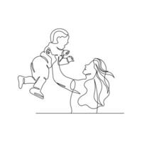 A mother holding her son in continuous line drawing style. Sketch of happy family, mom and baby in minimalist black lines isolated on white background. vector