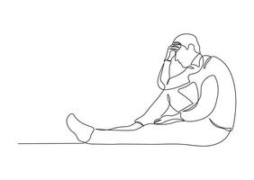 Depressed man sitting on the floor in continuous line drawing style. Minimalist black linear sketch of expression of man holding his head, stress, headache isolated on white background. vector
