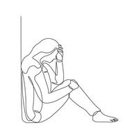 Depressed girl sitting on the floor in continuous line drawing style. Minimalist black linear sketch of depressed expression, stress, headache isolated on white background.. vector