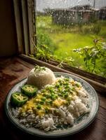 Rice dish with creamy sauce and okra, viewed from a rainy window. photo