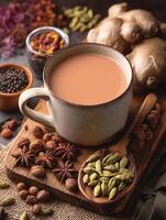 Aromatic Masala Chai Tea in a Rustic Mug with Spices. A close up image showcasing a delicious cup of spiced tea surrounded by its ingredients. photo