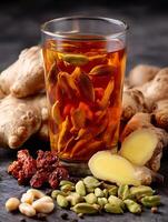 Aromatic Ginger and Cardamom Tea A Close Up of Ingredients and Brew. photo