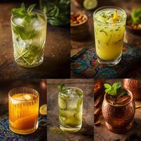 Refreshing Summer Cocktails A Collection of Iced Drinks in Elegant Glassware. photo