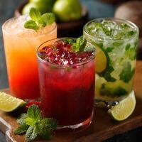 Refreshing Summer Cocktails Close up of Pomegranate, Mojito, and Tequila Sunrise Drinks. photo