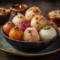 Close up of a Bowl of Assorted Indian Sweets, Garnished with Nuts and Spices. photo