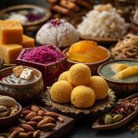 Close Up of Assorted Indian Sweets and Nuts Arranged on a Dark Surface. photo