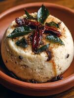Close Up of Upma, a South Indian Breakfast Dish, Garnished with Curry Leaves and Chilies. photo