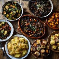 Overhead View of a Rustic Autumnal Feast A Table Filled with Hearty Dishes. photo