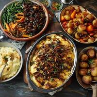 Overhead View of a Rustic Table Setting with Several Dishes of Roasted Vegetables and Mashed Potatoes. photo