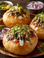 Close Up of Delicious Stuffed Bread Bowls with Savory Toppings. photo