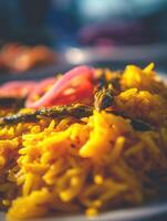 Close up of Turmeric Rice with Roasted Asparagus and Red Onion. A vibrant and appetizing image perfect for food blogs, magazines, and culinary websites. photo