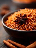 Aromatic Spiced Rice in a Dark Bowl A Close Up of Warm and Savory Cuisine. photo