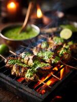 Grilled Chicken Skewers with Cilantro-Lime Sauce. A close up image of delicious chicken kebabs grilling over an open flame, drizzled with vibrant green sauce. photo