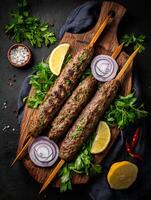 Grilled Lamb Kebabs with Lemon and Parsley on Wooden Board. A delicious overhead shot of three flavorful kebabs, perfect for restaurant menus or food blogs. photo