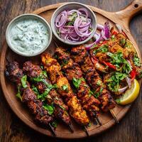 Delicious Grilled Chicken and Lamb Kebabs with Red Onions, Yogurt Sauce, and Lemon. A top-down view of a flavorful Middle Eastern or Indian meal. photo