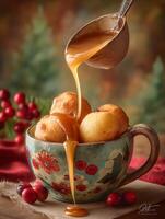 Delicious Caramel Sauce Drizzled Over Sweet Doughnuts in a Floral Mug. photo