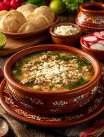 Close Up of Caldo de Pollo, a Traditional Mexican Soup, Served in Rustic Pottery Bowl. photo