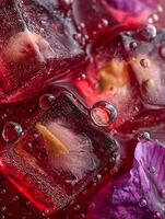 Abstract Close Up of Red Liquid with Ice Cubes and Flower Petals. A vibrant image showcasing the intricate details of frozen water, liquid, and floral elements. photo