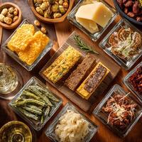 Gourmet Appetizer Platter A Delicious Overhead Shot of Various Snacks. photo