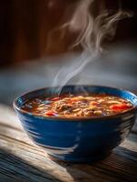 A steaming bowl of hearty vegetable soup sits on a rustic wooden table, illuminated by warm sunlight. photo