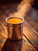 Steaming Hot Soup in a Metal Pot on Rustic Wooden Table. A close up image of a delicious and warm culinary scene. photo