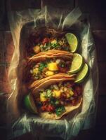 Delicious Al Pastor Tacos with Pineapple and Cilantro. A close up overhead shot of three tacos in a rustic setting. photo
