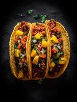 Delicious Ground Beef Tacos with Pineapple Salsa A Top-Down View. photo