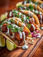 Close Up of Delicious Crispy Fish Tacos with Creamy Sauce and Fresh Cilantro. photo