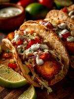 Close Up of Delicious Fish Tacos with Creamy Sauce and Fresh Ingredients. photo