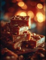 Delicious Caramel Candy with Nuts, Close Up Shot. A tempting stack of caramel candies with nuts, beautifully lit against a warm background. photo
